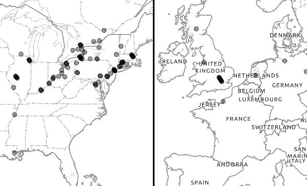 Fig. 3.2. This map shows the Fisk Jubilee Singers’ concert tour stops throughout the northeastern United States, Tennessee, and Louisiana, as well as northern Europe, including England, Scotland, the Netherlands, Germany, and France.