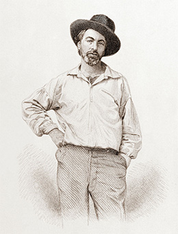 一幅版画显示沃尔特·惠特曼摆出休闲、放松的姿势，一只手放在臀部，另一只手放在口袋里。 他穿着宽松的衬衫、裤子和一顶弯曲地戴在头上的帽子。