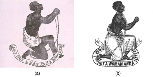 Woodcut (a) depicts a kneeling, shirtless black man with chained wrists, holding up his hands in a plea. Below him, a banner reads “Am I not a man and a brother?” Woodcut (b) shows a black woman in the same position; her banner reads “Am I not a woman and a sister?”