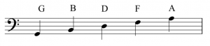 A staff with a bass clef to its left. The letter names of the lines are labeled. Bottom to top these are: G, B, D, F, A.