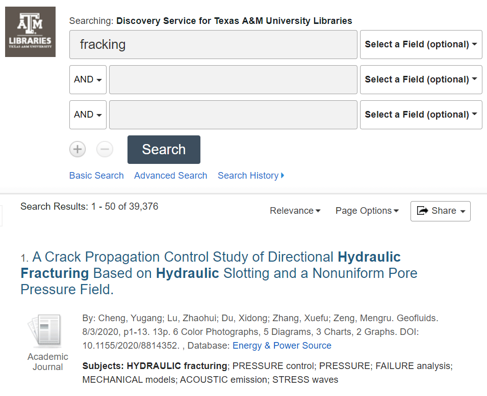 Screenshot of TAMU Libraries Quick Search interface. In the search box is the word fracking. The search retrieved 39,376 results, and the first result is titled "A Crack Propagation Control Study of Directional Hydraulic Fracturing Based on Hydraulic Slotting and a Nonuniform Pore Pressure Field."