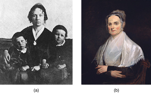 照片 (a) 显示伊丽莎白·卡迪·斯坦顿带着两个孩子坐着。 绘画（b）是卢克丽霞·莫特的肖像。