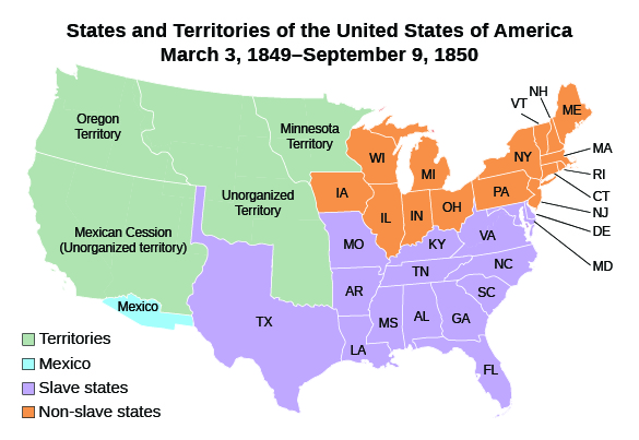 地图显示了 1849 年 3 月 3 日至 1850 年 9 月 9 日的美国各州和领地以及墨西哥的部分地区。 州包括缅因州、新罕布什尔州、佛蒙特州、马萨诸塞州、罗德岛州、纽约州、康涅狄格州、新泽西州、宾夕法尼亚州、特拉华州、马里兰州、弗吉尼亚州、北卡罗来纳州、乔治亚州、佛罗里达州、阿拉巴马州、密苏里州、爱荷华州、印第安纳州、俄亥俄州、密歇根州和威斯康星州。 领土包括俄勒冈领地、无组织领土、明尼苏达州和墨西哥割让（无组织领土）。