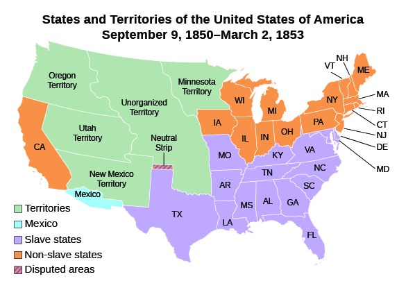 地图显示了 1850 年 9 月 9 日至 1853 年 3 月 2 日期间的美国各州和领地以及墨西哥的部分地区。 州包括缅因州、新罕布什尔州、佛蒙特州、马萨诸塞州、罗德岛州、纽约州、康涅狄格州、新泽西州、宾夕法尼亚州、特拉华州、马里兰州、弗吉尼亚州、北卡罗来纳州、乔治亚州、佛罗里达州、阿拉巴马州、密西西比州、路易斯安那州、德克萨斯州（最北端有 “中性地带”）、田纳西州、阿肯色州、肯塔基州、密苏里州、爱荷华州、伊利诺伊州、印第安纳州、俄亥俄州、密歇根 地区包括俄勒冈领地、无组织领土、明尼苏达州、犹他州和新墨西哥州。
