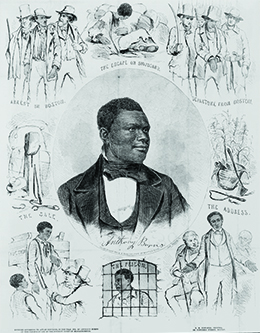 Uma ilustração mostra um retrato de Anthony Burns cercado por cenas de sua vida, incluindo sua fuga da Virgínia, sua prisão em Boston e seu endereço no tribunal.