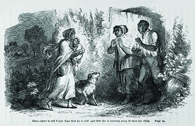 汤姆叔叔小屋里的一幅插图描绘了一位年轻的奴隶妇女，她身着围巾，抱着一个小孩，在夜幕的掩护下与一对年长的奴隶夫妇说话。 标题是 “艾丽莎来告诉汤姆叔叔他被卖掉了，她为了救孩子而逃跑。”