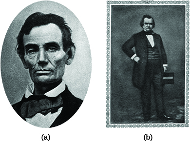 الصورة (أ) هي صورة لأبراهام لنكولن. الصورة (ب) هي صورة شخصية لستيفن دوغلاس.