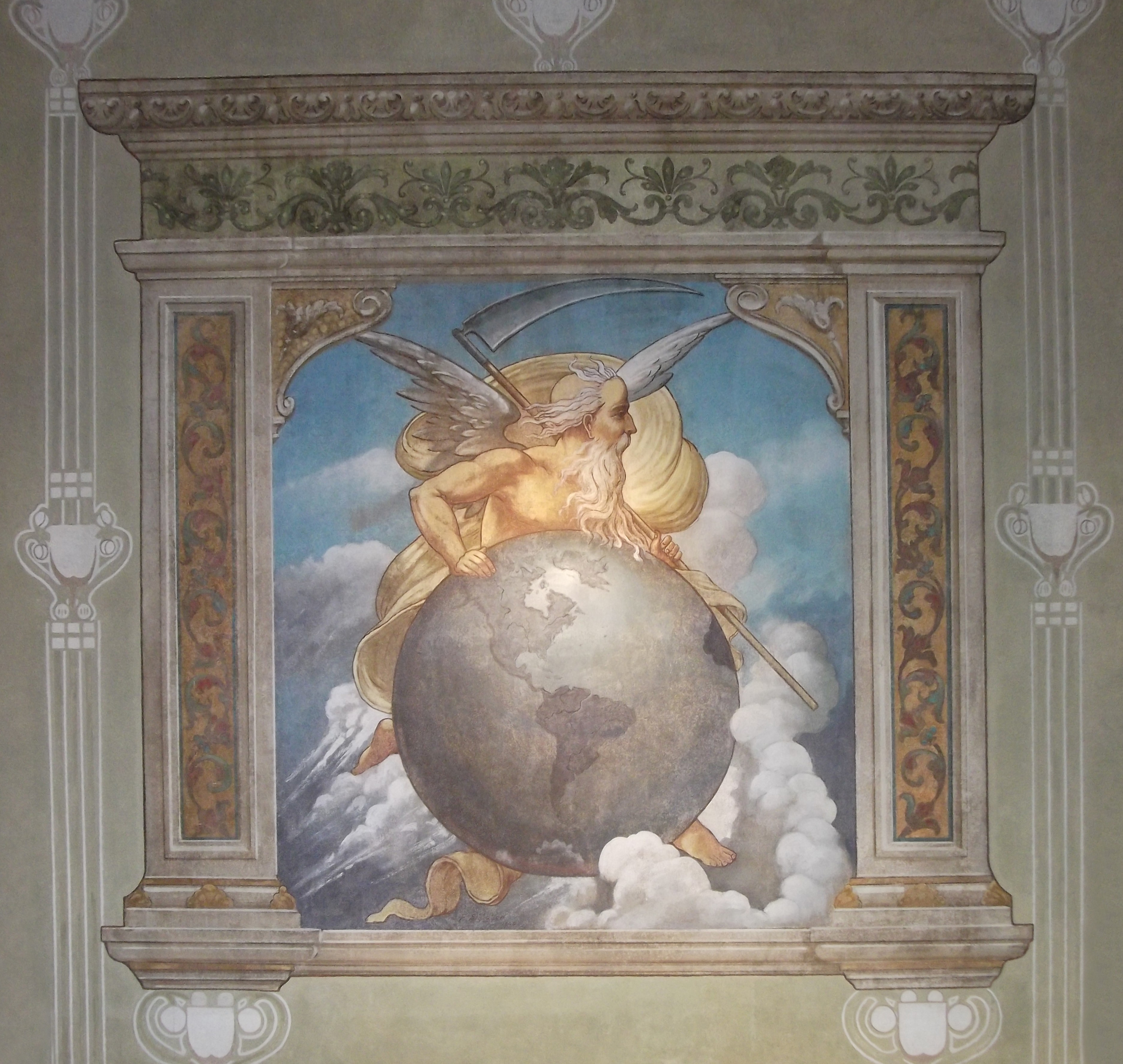 an old man with a long beard in the sky holds the earth, and wields a scythe