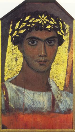 A portrait of a young Greek man with a gold laurel crown