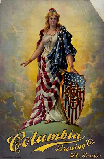 Illustration of Columbia. She is wearing Greek goddess style clothing, including an American flag wrapped around her. She has a shield with stars on a blue background at the top and red and white stripes below.