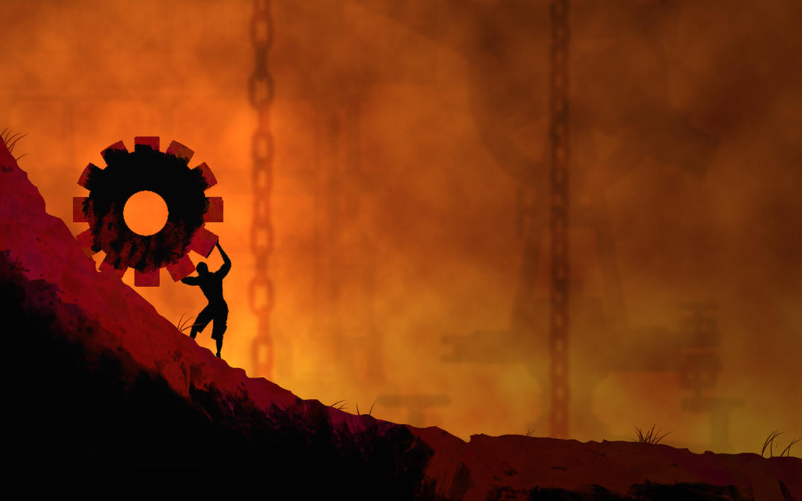 An image of a person rolling a large cog up a steep hill. It looks very hot and there are chains in the background.