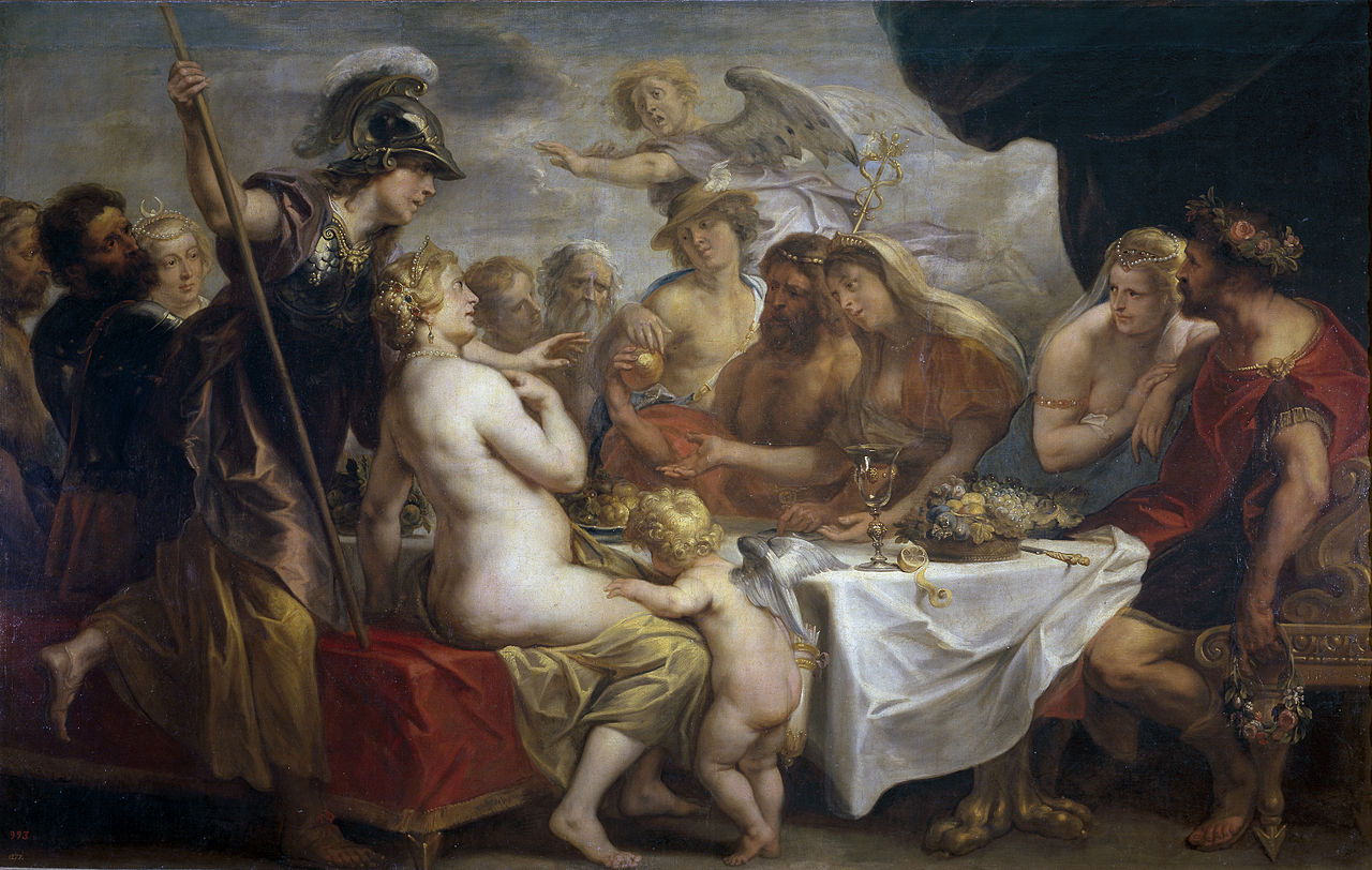 A painting of Thetis and Peleus' wedding. There is a female figure with a helmet and spear, a lady with a winged baby, a man wearing a winged hat, and a woman with a crescent moon shaped tiara.
