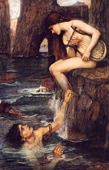 a naked nymph like girl sits on a rock playing a harp. a boy in the water looks up at her.