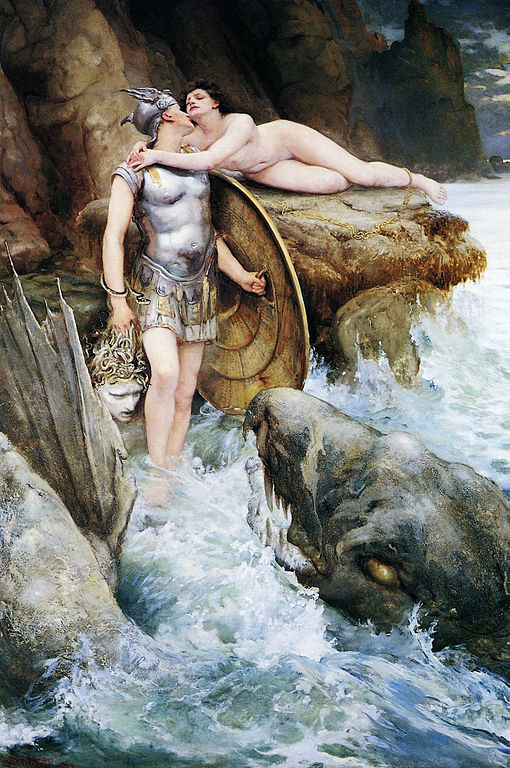 A man holding a large shield stands in water, embraced by a naked woman lying on a rock. A giant monster lies in the water.
