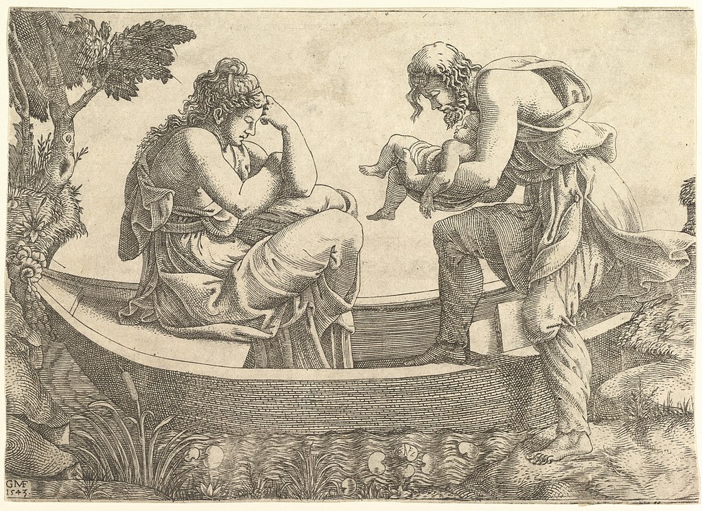 A man is handing a small child to a frustrated looking woman sitting in a boat..