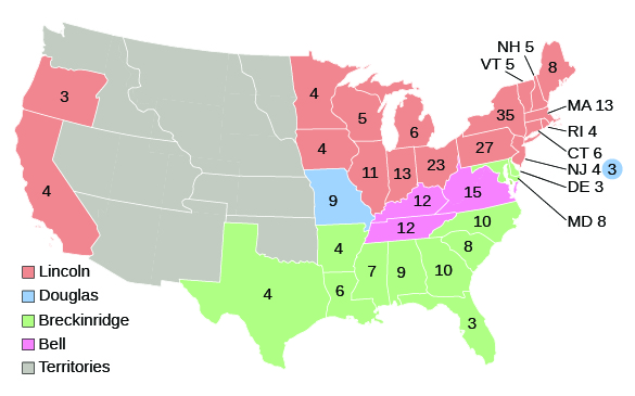 Un mapa muestra la disposición de los votos electorales para la elección de 1860. Cada estado está etiquetado para indicar el número de votos electorales emitidos y sombreados para indicar el candidato al que acudió ese estado. Oregon (3), California (4), Minnesota (4), Iowa (4), Wisconsin (5), Illinois (11), Indiana (13), Michigan (6), Ohio (23), Pensilvania (27), Nueva York (35), Connecticut (6), Rhode Island (4), Massachusetts (13), Vermont (5), New Hampshire (5) y Maine (8) votaron por Lincoln. Nueva Jersey, con siete votos totales, votó por Lincoln con mayoría de 4 votos y Douglas con 3. Texas (4), Luisiana (6), Arkansas (4), Mississippi (7), Alabama (9), Georgia (10), Florida (3), Carolina del Sur (8) y Carolina del Norte (10) votaron por Breckinridge. Tennessee (12), Kentucky (12) y Virginia (15) votaron por Bell. Missouri (9) votó por Douglas. Los territorios, que no participaron en la elección, también están etiquetados.