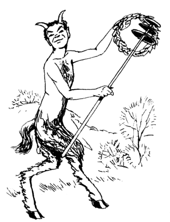 a satyr, a little half goat, half human dude. He has a human torso but goat legs. He looks happy, holding a laurel wreath.