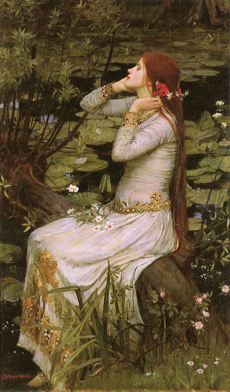 Painting of woman wearing a white gown holding her hair in front of a lily pond