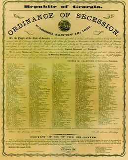 Se muestra una imagen de la Ordenanza de Secesión de Georgia.