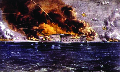 Uma litografia mostra o ataque da Confederação ao Forte Sumter, que explode em chamas.