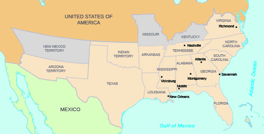 Un mapa muestra los estados y regiones confederados, incluido el territorio de Arizona; Texas; territorio indio; Arkansas; Luisiana (con la etiqueta de Nueva Orleans); Tennessee (con Nashville etiquetado); Mississippi (con Vicksburg etiquetado); Alabama (con Montgomery y Mobile etiquetados); Georgia (con Atlanta y Savannah etiquetados); Florida; Virginia (con Richmond etiquetado); Carolina del Norte; y Carolina del Sur.