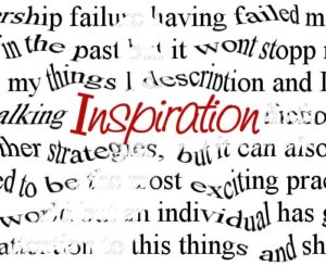 The word Inspiration in red font in the middle of other warped black words such as failure, it won't stop, exciting, individual, and others that are illegible.
