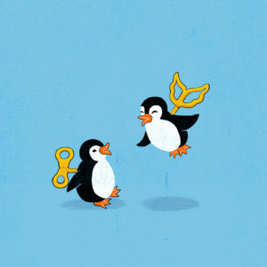 Drawing of two penguins. One has a wind-up key like a toy; the other has a similar wind-up key but in the shape of wings, and is hovering off the ground