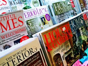 Magazine rack. Titles visible include House & Garden, The World of Interiors, Homes & Gardens, Period Living.