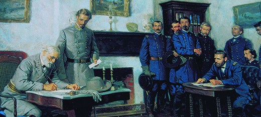 uchoraji inaonyesha Robert E. Lee ameketi dawati, kusaini hati kama Ulysses S. Grant, askari Confederate, na kundi la askari Union kuangalia juu ya.
