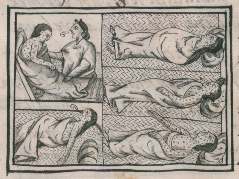 People of Tenochtitlan suffering from <em>cocoliztli</em> (smallpox), detail from Bernardino de Sahagún and collaborators, <em>General History of the Things of New Spain</em>, also called the <em>Florentine Codex</em>, vol. 1, 1575-1577 (Medicea Laurenziana Library, Florence, Italy)