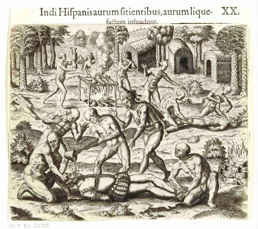 Theodor de Bry, Indians pour liquid gold into the mouth of a Spaniard, 1594