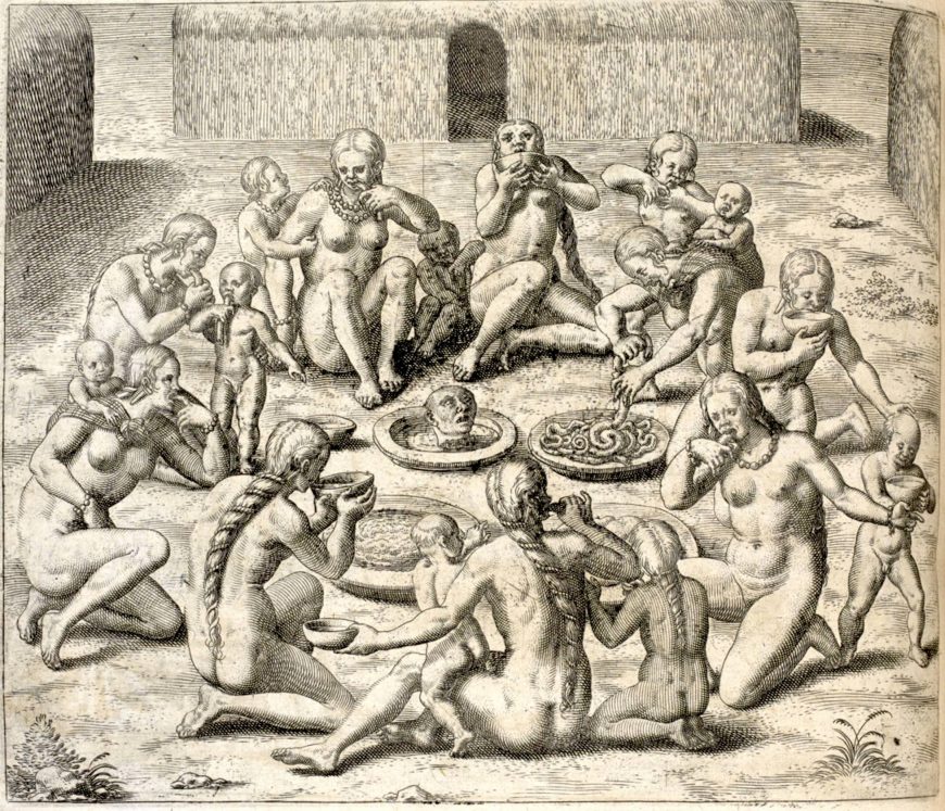 Theodor de Bry, engraving depicting cannibalism in Brazil for  volume 3 of Collected travels in the east Indies and west Indies which reprinted Hans Staden’s account of his experiences in Brazil, 1594 (British Library)