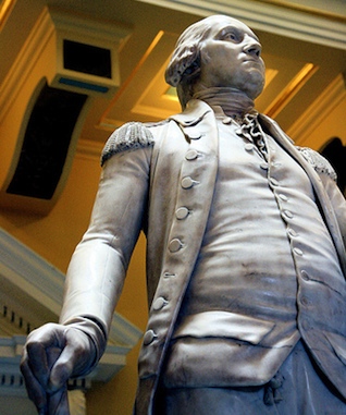 Washington looking to his left in his military uniform (detail), Jean-Antoine Houdon, George Washington, 1788-92, marble, 6' 2" high, State Capitol, Richmond, Virginia, (photo: Holley St. Germain, CC BY-NC-SA 2.0)