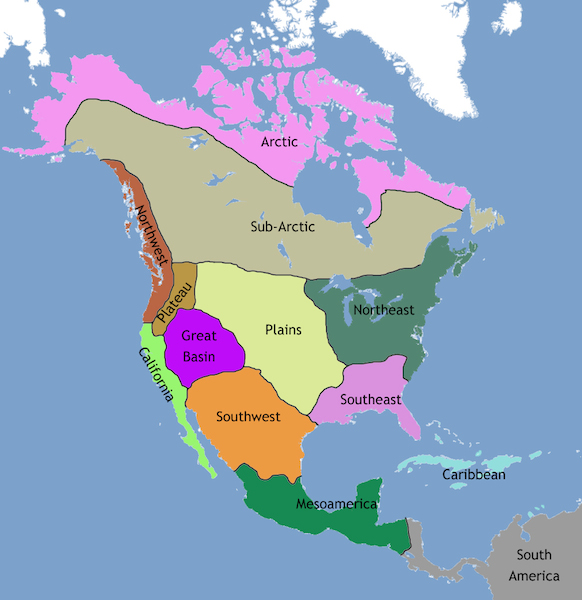 Map of North America showing the regions of Native American cultures