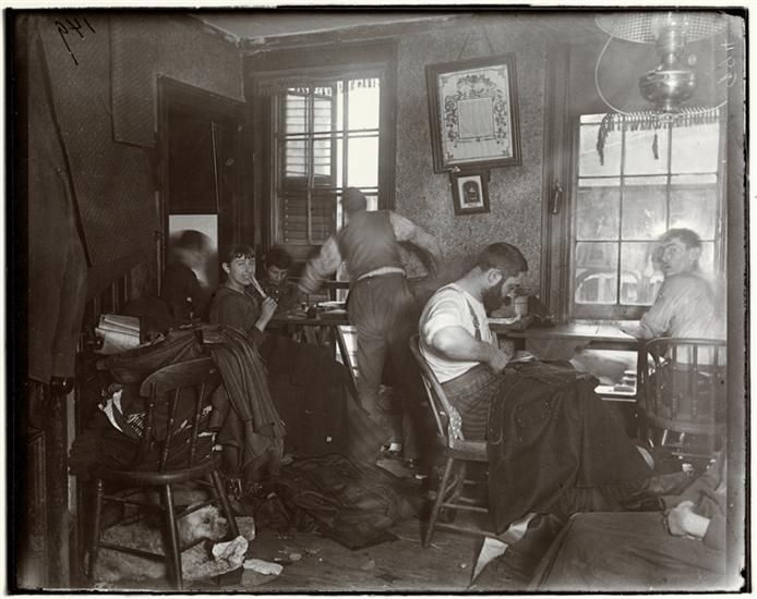 Jacob August Riis, "Knee-pants" at forty five cents a dozen&mdash;A Ludlow Street Sweater's Shop, c. 1890, 7 x 6 inches from How the Other Half Lives: Studies Among the Tenements of New York, Charles Scribner's Sons: New York, 1890 (The Museum of the City of New York)