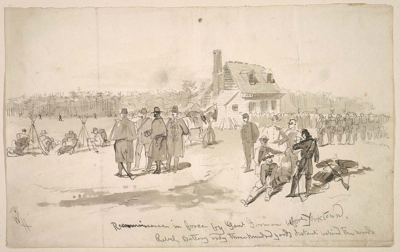 Winslow Homer, <em>Reconnaissance in force by General Gorman before Yorktown</em>, 1862, graphite with brush and gray wash on cream wove paper, 21 x 33.7 cm (<a  data-cke-saved-href="https://collections.mfa.org/objects/761/reconnaissance-in-force-by-general-gorman-before-yorktown;ctx=83dbd38f-43fc-462c-a83b-8cd68fc1aa71&amp;idx=5" href="https://collections.mfa.org/objects/761/reconnaissance-in-force-by-general-gorman-before-yorktown;ctx=83dbd38f-43fc-462c-a83b-8cd68fc1aa71&amp;idx=5">Museum of Fine Arts, Boston</a>)