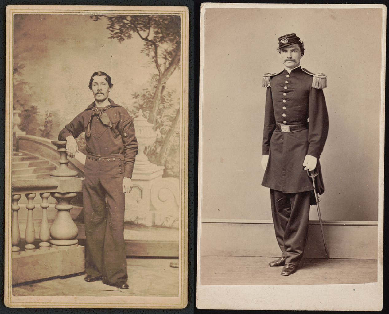 Left: Moore Bro's. Photographic Gallery, Unidentified U.S. sailor in uniform in front of painted backdrop showing walkway and trees, c. 1861–65, albumen print on card (<a  data-cke-saved-href="https://www.loc.gov/item/2020633506/" href="https://www.loc.gov/item/2020633506/">Library of Congress</a>); right: Israel &amp; Co., First Lieutenant Patrick Boyce of Co. F, 8th Regular Army Infantry Regiment in uniform with sword, c. 1861–65 (<a  data-cke-saved-href="https://www.loc.gov/item/2017659653/" href="https://www.loc.gov/item/2017659653/">Library of Congress</a>)