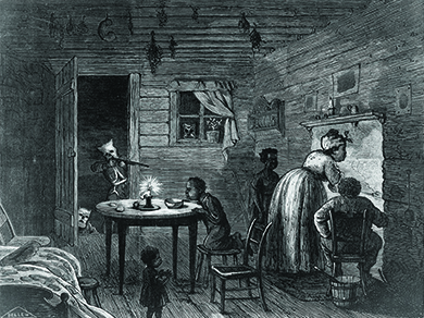 Une illustration montre une famille noire, avec trois jeunes enfants, s'occupant de leur foyer tandis qu'un membre du Klansman cagoulé, passe inaperçu, pointe un fusil sur eux par la porte ouverte.