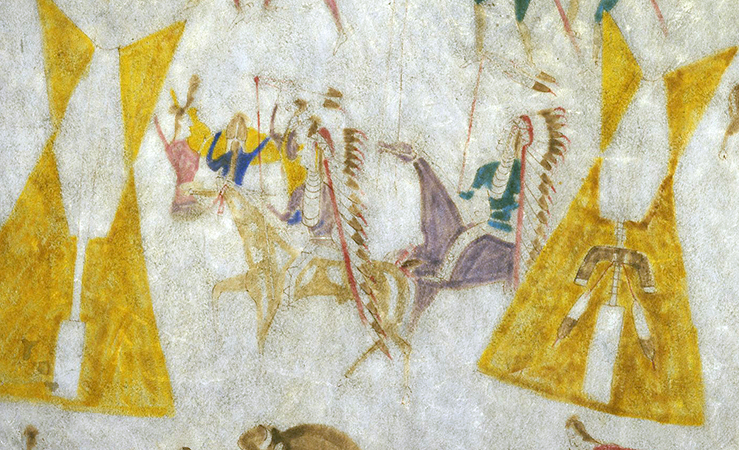 Warriors returning to camp (detail), Attributed to Cotsiogo, Hide painting of the Sun Dance, c. 1890–1900, Eastern Shoshone, elk hide and pigment, approximately 81 x 78" (Brooklyn Museum)