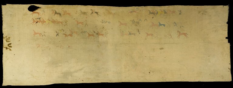 Rain-In-The-Face (Hunkpapa, Lakota, Sioux), Tipi Liner, 1850-1889, cotton, pigment, crayon, pencil, 512.9 x 171.9 cm (Brooklyn Museum)