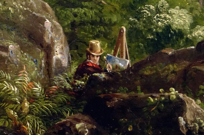 Self-Portrait (detail), Thomas Cole, View from Mount Holyoke, Northampton, Massachusetts, after a Thunderstorm—The Oxbow, 1836, oil on canvas, 51 1/2 x 76 inches / 130.8 x 193 cm (The Metropolitan Museum of Art)