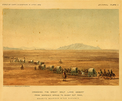 Un dessin montre une longue file de chariots couverts traversant le désert, avec plusieurs hommes montés à cheval de chaque côté. Le texte se lit comme suit : « Traversée du désert du Grand Lac Salé. De Simpson's Spring à Short Cut Pass, des montagnes de granit au loin. »