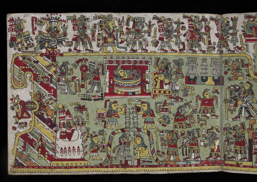 Page from the <em>Codex Zouche-Nuttall</em>, 1200–1521 C.E., Mixtec. Painted deer skin, 19 x 23.5 cm. (photo: <a  data-cke-saved-href="https://www.britishmuseum.org/research/collection_online/collection_object_details/collection_image_gallery.aspx?partid=1&amp;assetid=50800001&amp;objectid=662517" href="https://www.britishmuseum.org/research/collection_online/collection_object_details/collection_image_gallery.aspx?partid=1&amp;assetid=50800001&amp;objectid=662517">The British Museum</a>, CC BY-NC-SA 4.0).