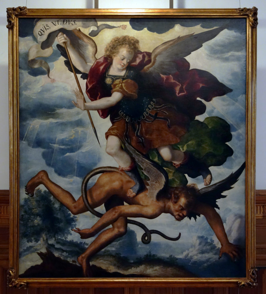 Luis Juárez, Saint Michael the Archangel, early 17th century, oil on wood, 175 x 153 cm (Museo Nacional de Arte, INBA; photo: Steven Zucker, CC BY-NC-SA 2.0)