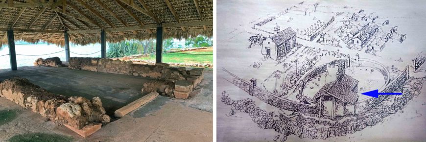 House of Columbus, La Isabela, Dominican Republic, 1494–98 (photo: Mario Roberto Durán Ortiz); right: reconstruction drawing of La Isabela, with the House of Columbus indicated with an arrow (photo: Mario Roberto Durán Ortiz)