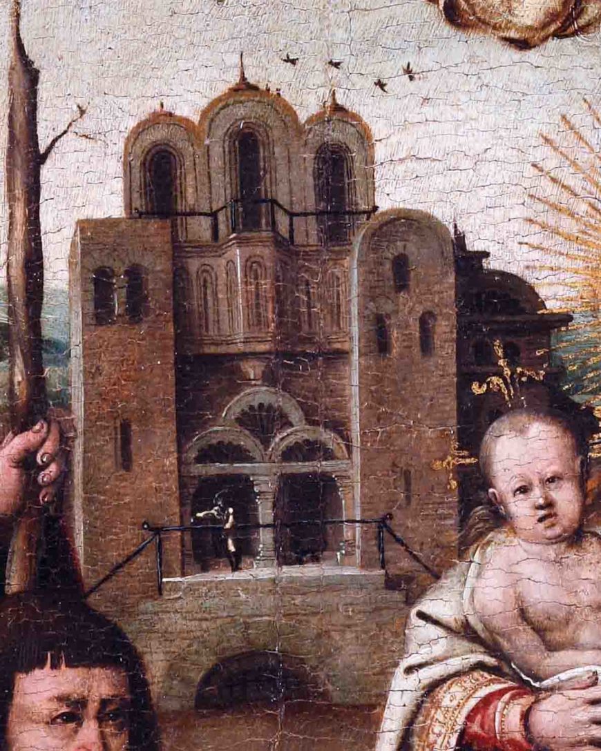 Detail of Cathedral, Virgin of Christopher Columbus, oil on panel, first half of the 16th century, 20 X 18 inches, Lázaro Galdiano Museum, Madrid. 