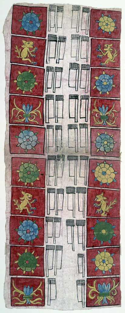 Sheet 4 with textile designs, pigments on amatl paper, made by Huexotzinca artists, before 1521; then combined with written pages to form the Huexotzinco Codex, 1531 (Library of Congress)