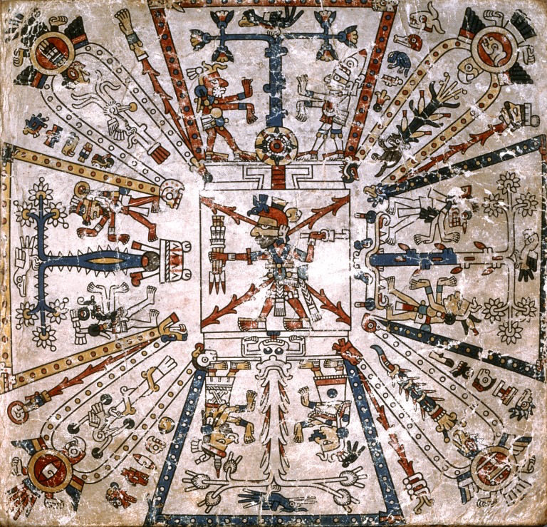 One Mexica example helps to clarify this complex cosmological system. An image in the Codex Féjervary-Mayer displays the cosmos’s horizontal axis. In the center is the deity Xiuhtecuhtli (a fire god), standing in the place of the axis mundi. Four nodes (what look almost like trapezoidal petals) branch off from his position, creating a shape called a Maltese Cross. East (top) is associated with red, south (right) with green, west (bottom) with blue, and north (left) with yellow. Codex Féjervary-Mayer, 15th century, f. 1 (World Museum, Liverpool)