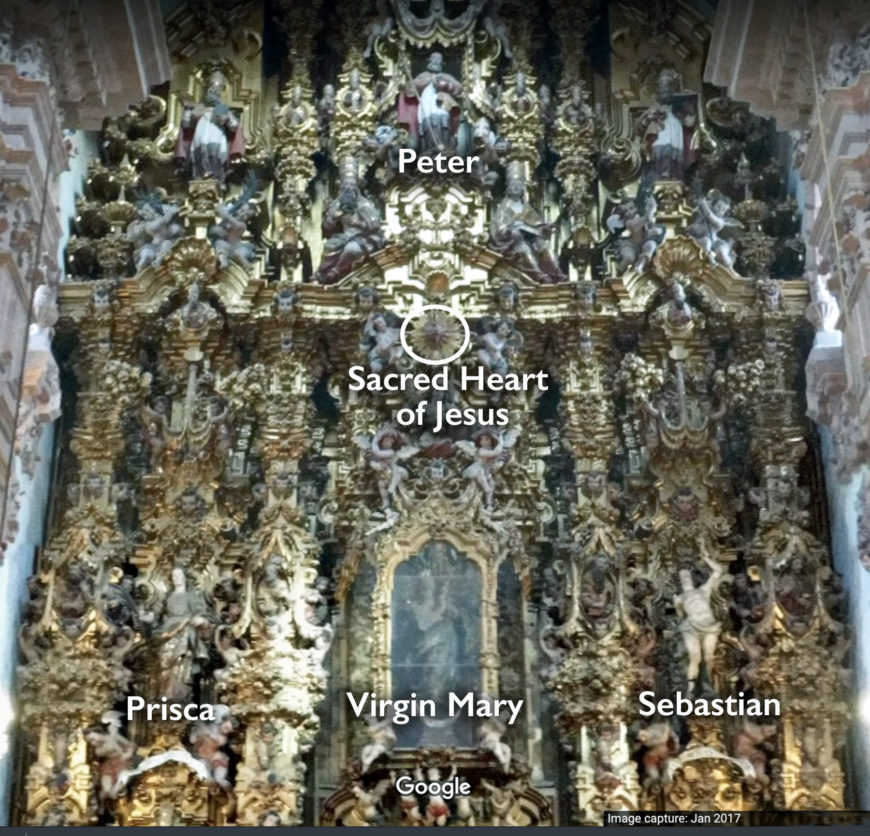 Main altar inside Santa Prisca y San Sebastián, Taxco, Guerrero, Mexico (underlying © Google)