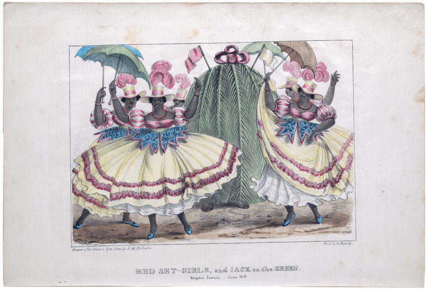Isaac Mendes Belisario, “Red Set Girls and Jack in the Green” from Sketches of Character, In Illustration of the Habits, Occupations, and Costume of the Negro Population in the Island of Jamaica, 1837–38, hand-painted lithographic print (Yale Center for British Art)